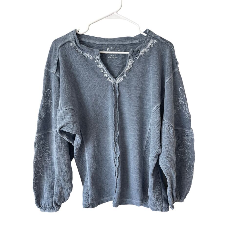 Caite Kyla Seo Blue Embroidered Long Sleeve Blouse Bohemian Size Small